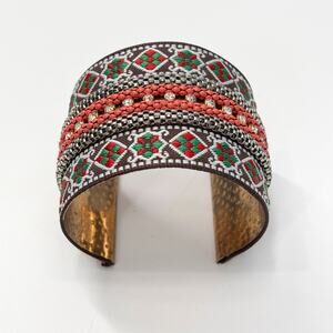 Boho‎ Ethnic Wide Cuff Bracelet 8" Embroidered Beaded Tribal Pattern 2" Bangle